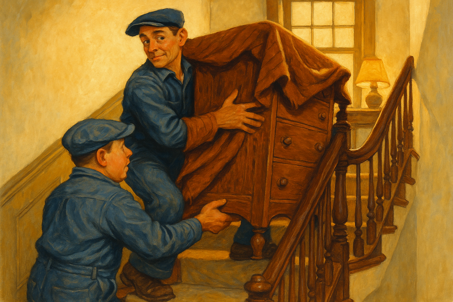 Two Found movers easing a blanket-wrapped oak dresser up a narrow rowhouse staircase, floor runner down, one glancing back to guide the turn — painted in warm mid-century storybook style