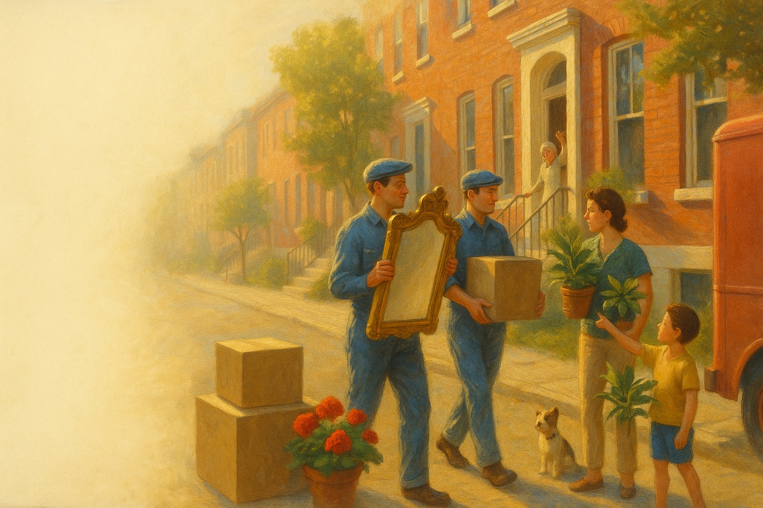 Moving day on a Philadelphia block: two Found movers carry a gilt-framed mirror and a box toward a brick rowhome, a parent holds houseplants while a child points at the new house, a neighbor waves from her stoop, and a terrier sits by the red truck — painted in a warm editorial style
