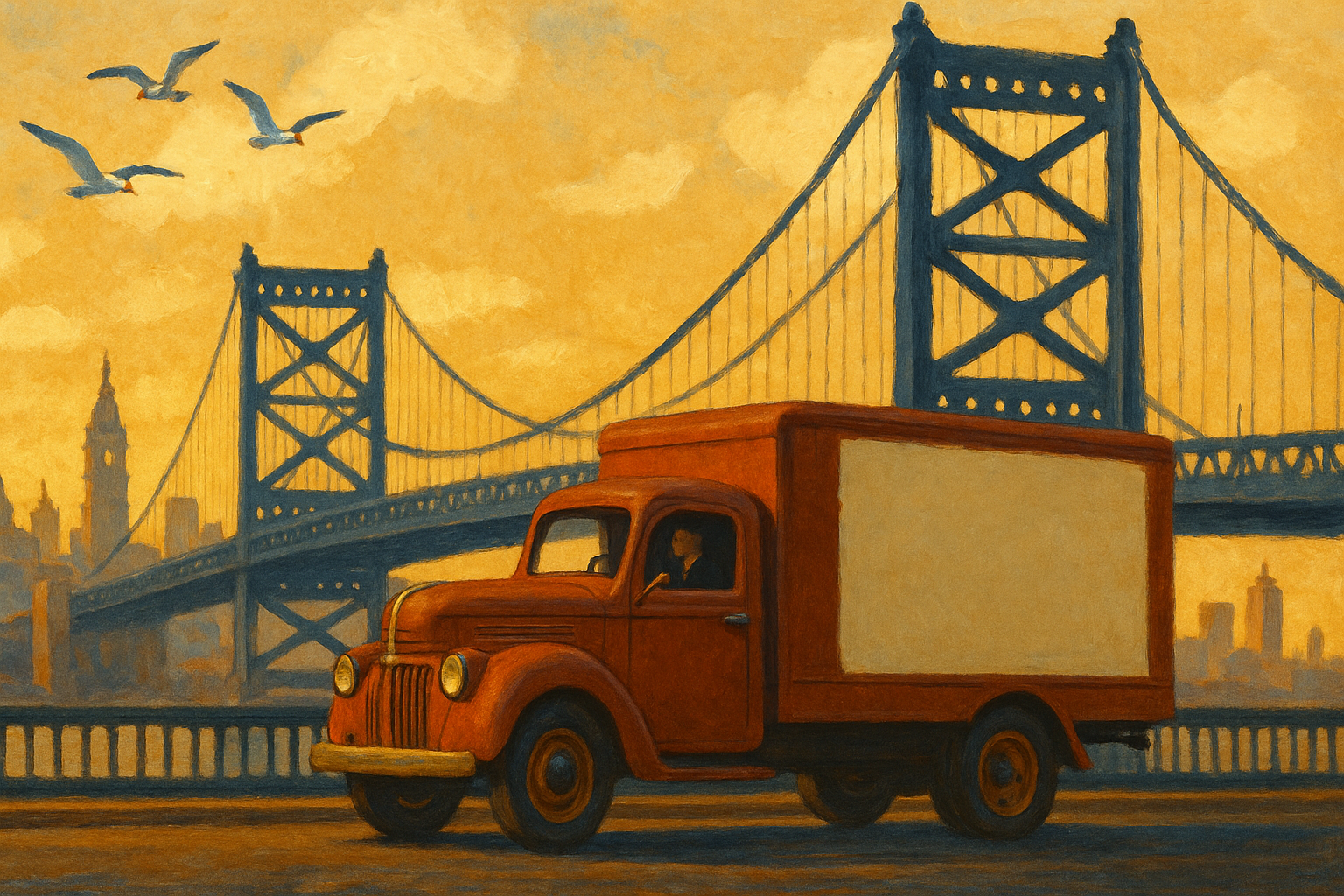 The rust-red Found delivery truck crossing the Benjamin Franklin Bridge at golden hour, Philadelphia's City Hall tower on the skyline, seagulls overhead — painted in warm mid-century storybook style