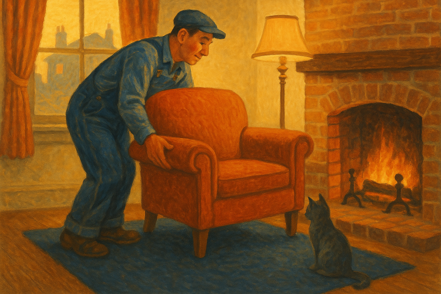 A Found mover setting a rust-orange rolled-arm armchair down just so beside a glowing brick fireplace while the house cat inspects the placement — painted in warm mid-century storybook style